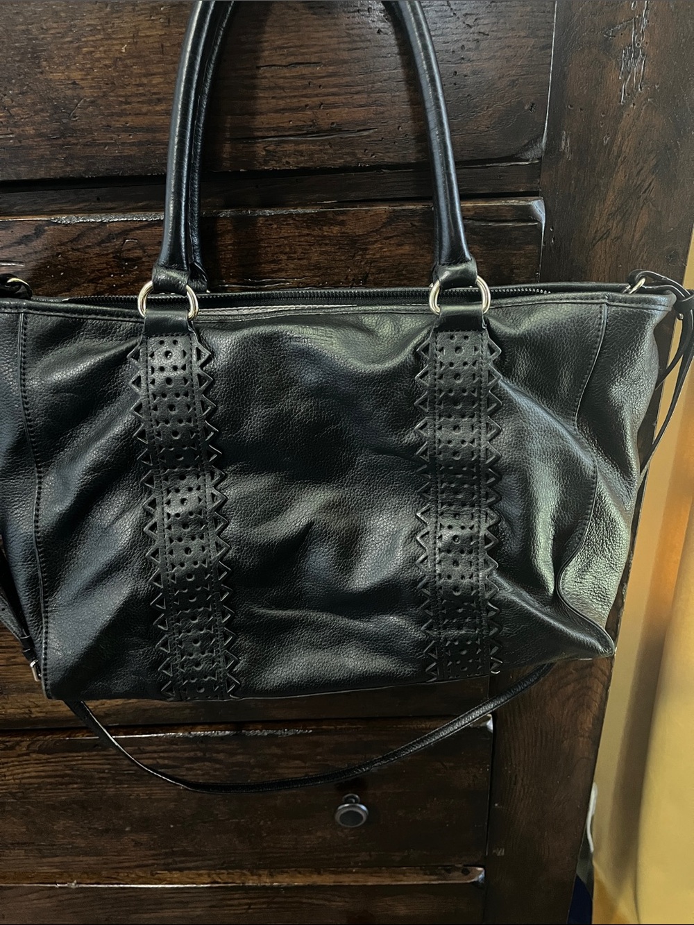 Aimee Kestenberg Black Leather Tote  satchel with Decorative Strap Detail